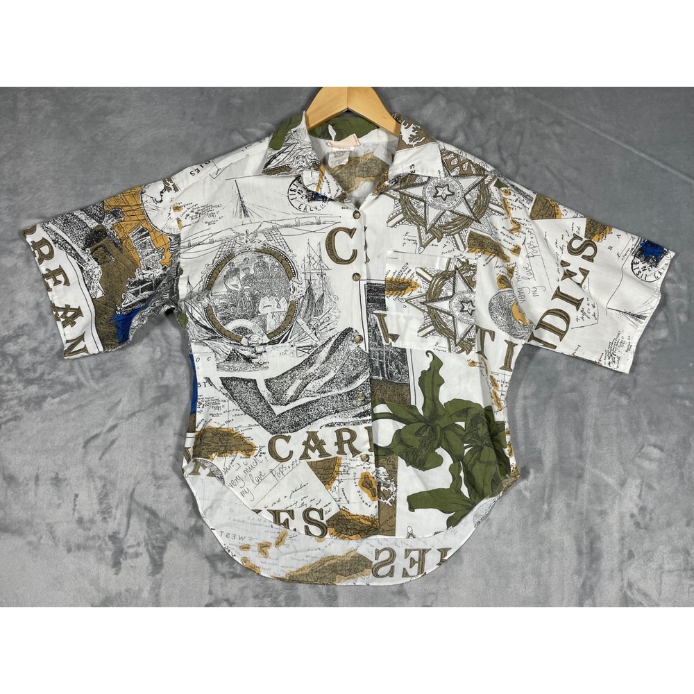 Vintage 80s 90s Caribbean Cruise Map Novelty Print Blouse M USA Shoulder Pads